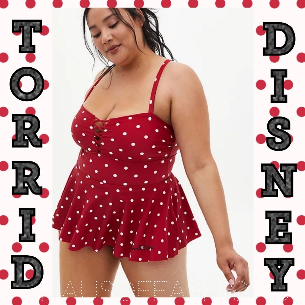 TORRID DISNEY Retro Red Minnie Mouse Lattice Front Peplum Swimsuit! NWT! 🩱 - Picture 1 of 7